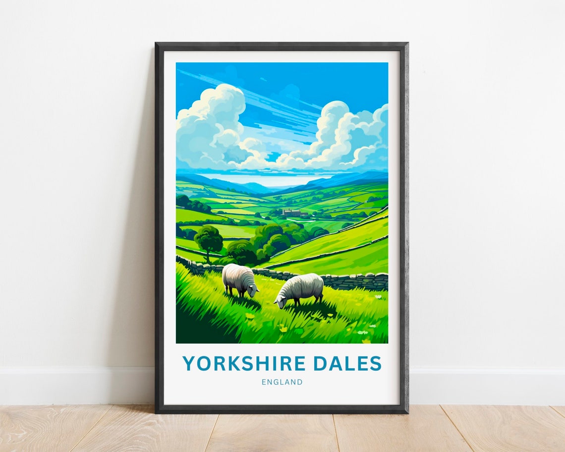 Yorkshire Dales Sheep Green Pasture Hills England Travel Poster