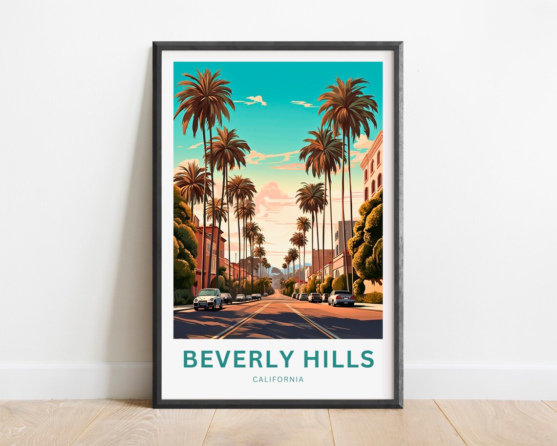 Beverly Hills California Palm Street Sunset Vintage Travel Poster