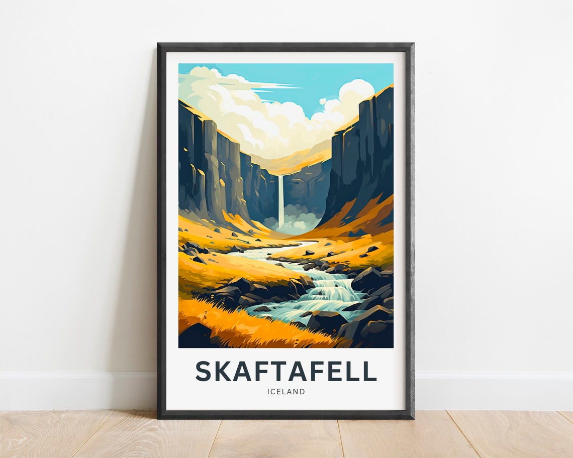 Skaftafell Iceland Golden Canyon Waterfall Stream View Travel Poster