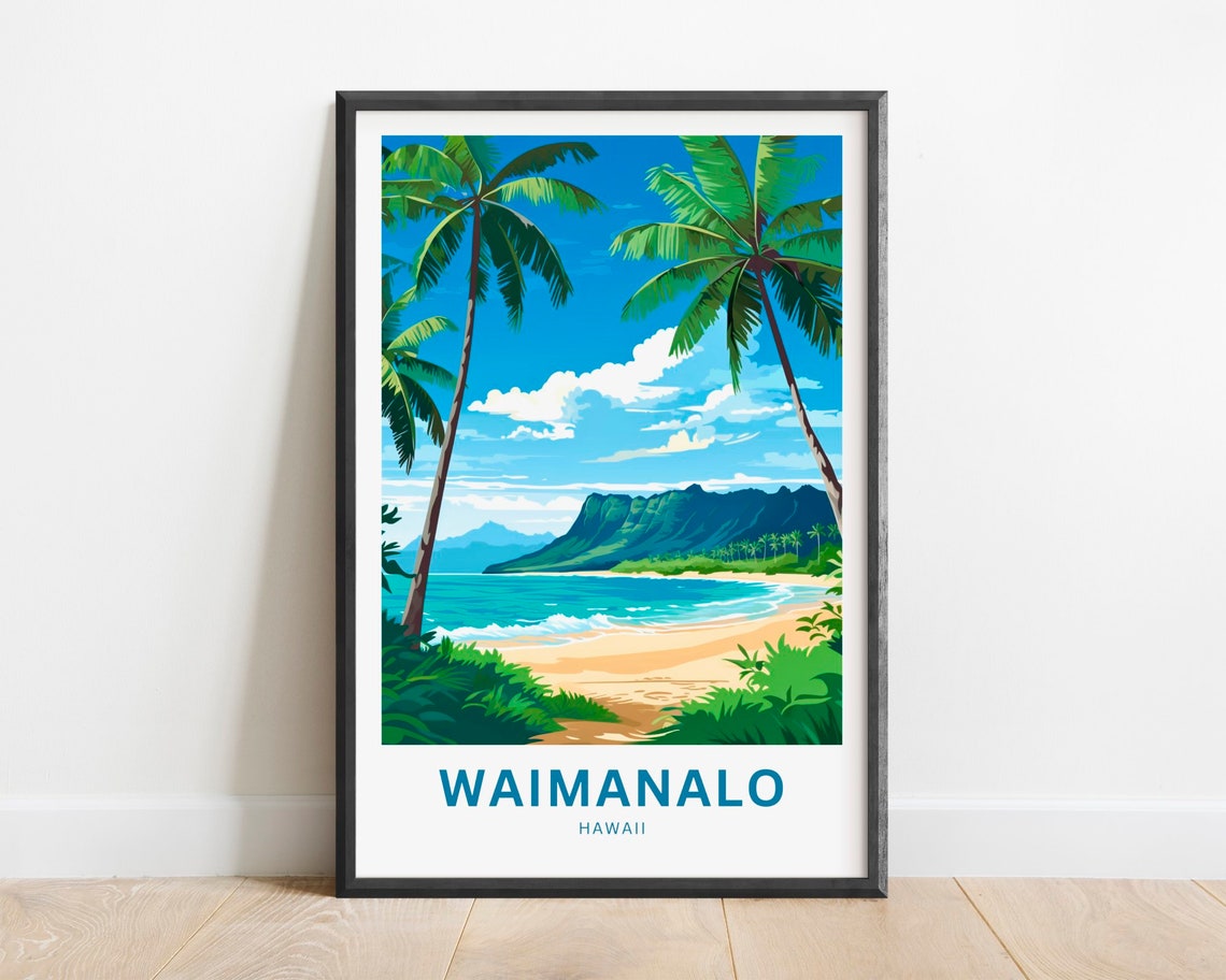 Waimanalo Hawaii Beach Palms Ocean Cliffs Scene Tropical Poster