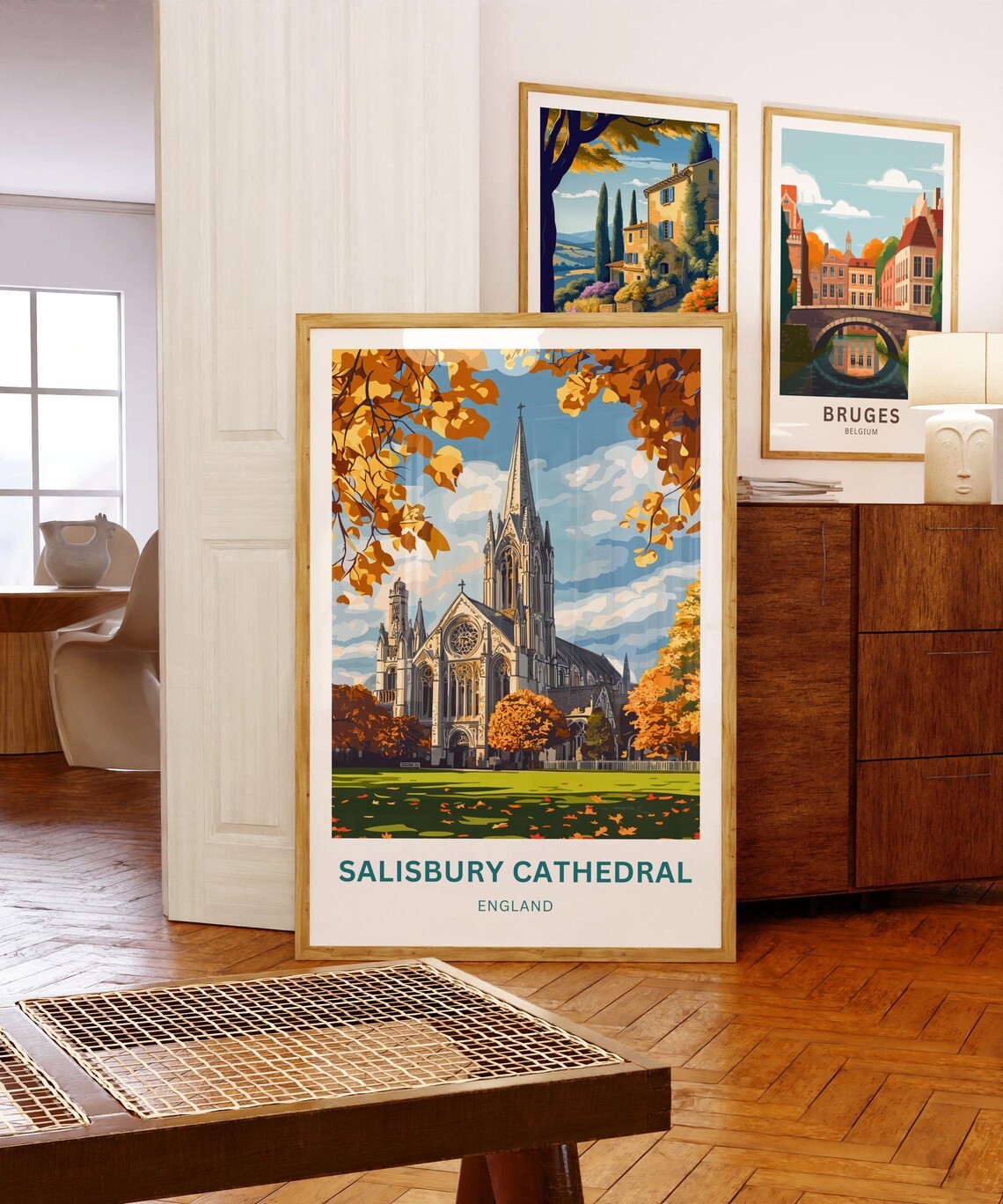 Salisbury Cathedral England Golden Autumn Foliage Art Poster - Image 5