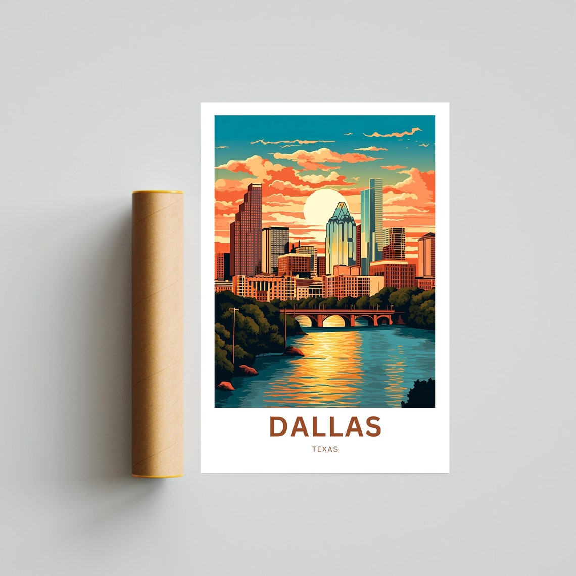 Dallas Texas Sunset River Bridge Skyline Cityscape Travel Poster - Image 4