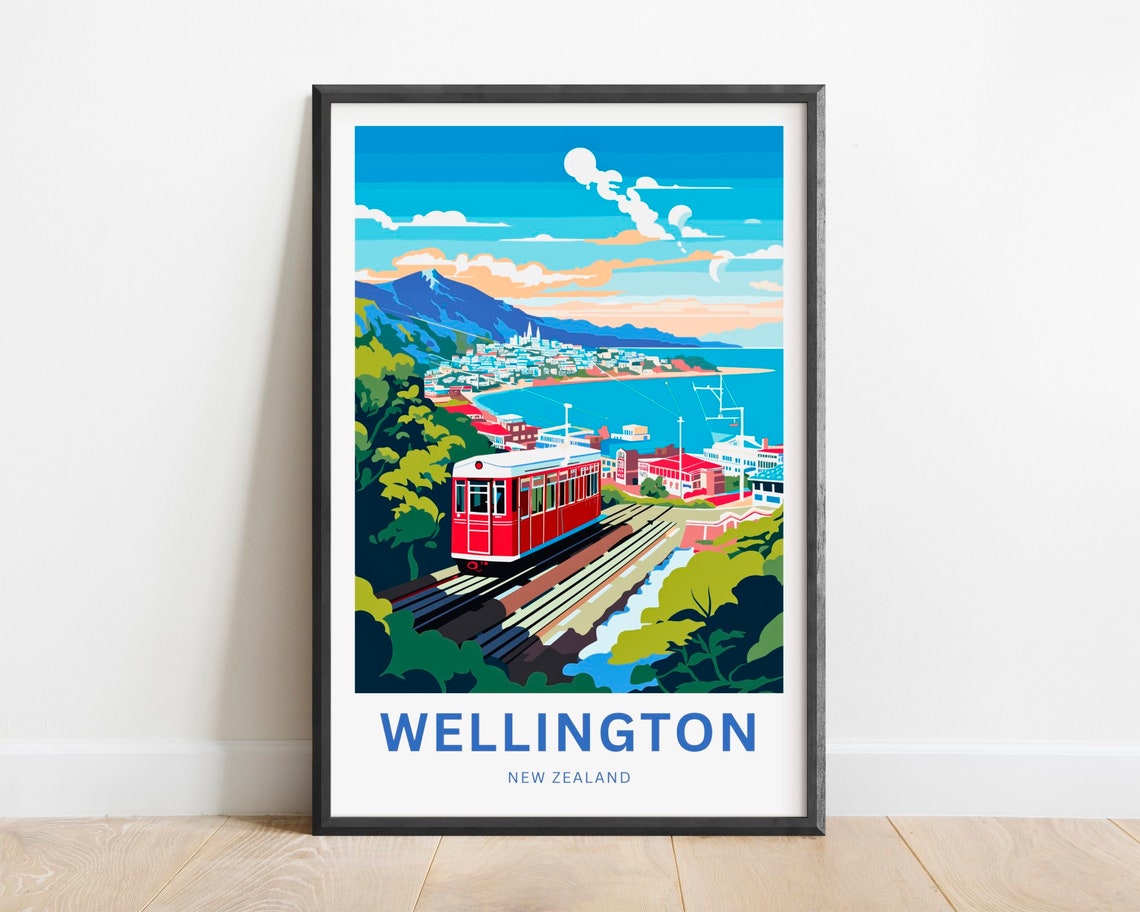 Wellington New Zealand Red Cable Car Harbor View Travel Poster