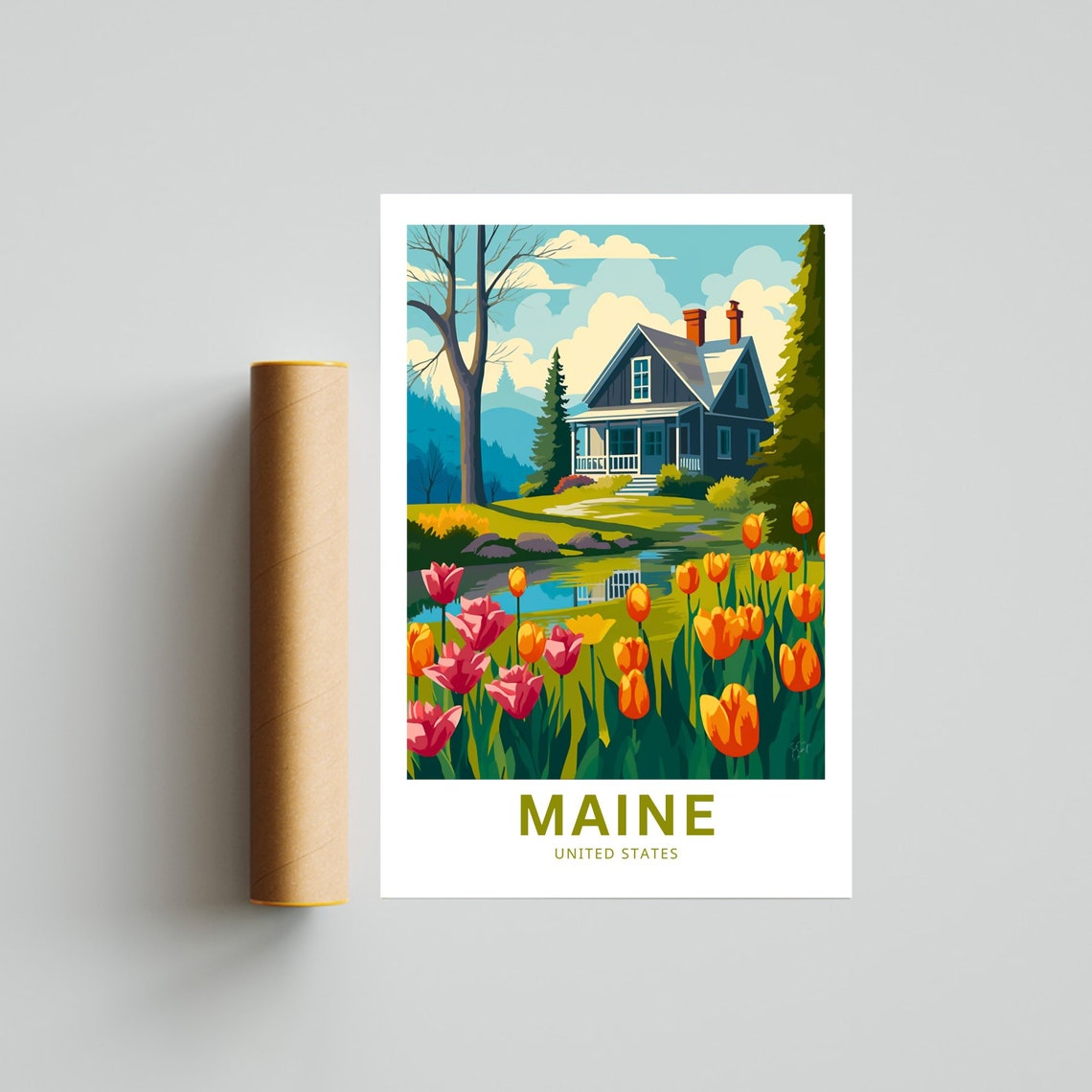Personalized Maine Cottage Garden Tulips Spring Travel Poster - Image 4