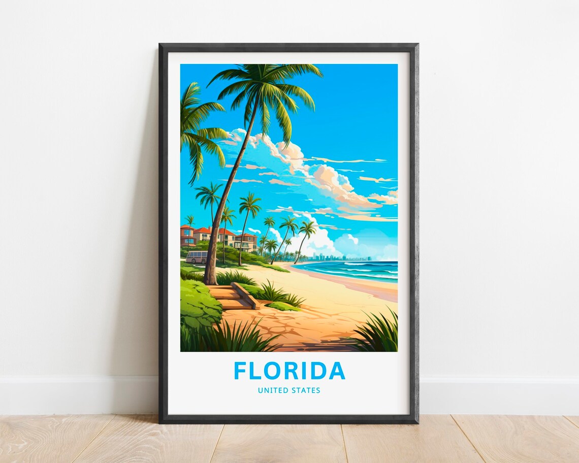 Florida Beach Travel Poster Palm Lined Shore Resort Skyline Art