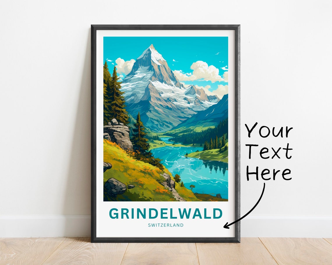 Grindelwald Switzerland Snow Peak Alpine Lake Meadow View Poster