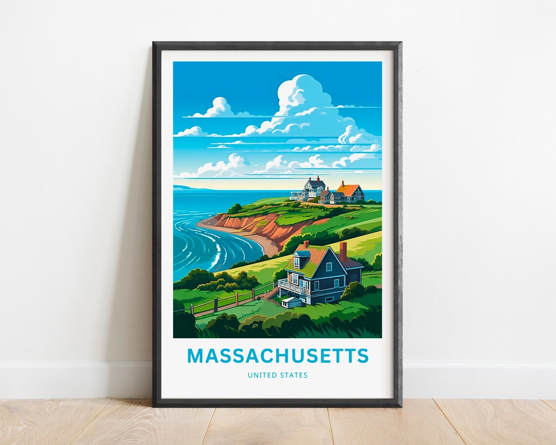 Massachusetts Coast Travel Poster New England Cottages Ocean Art