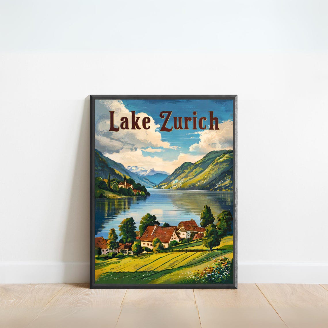 Lake Zurich Switzerland Village Alpine Lake View Vintage Poster