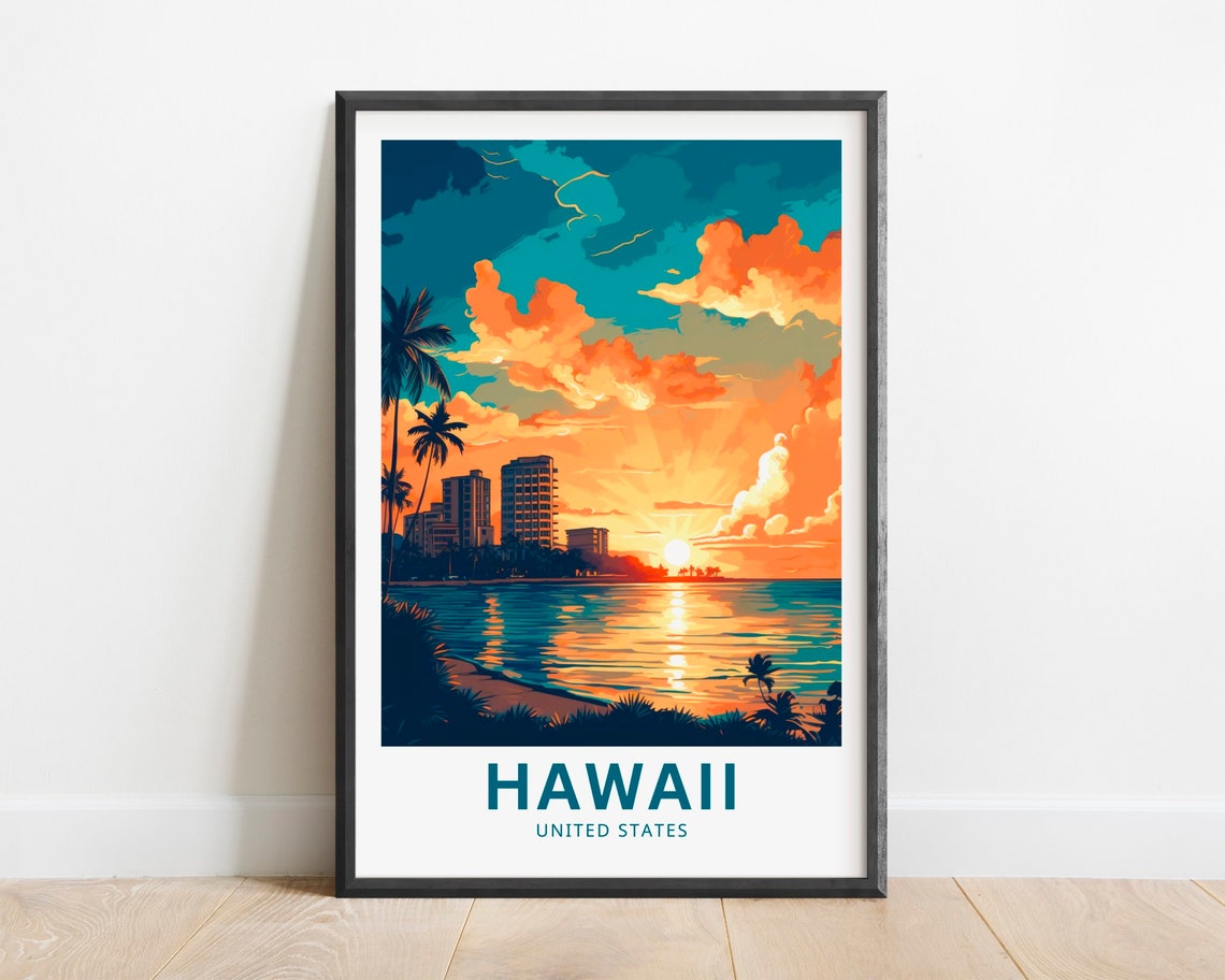 Hawaii Beach Sunset Palm Trees Vibrant Tropical Travel Poster
