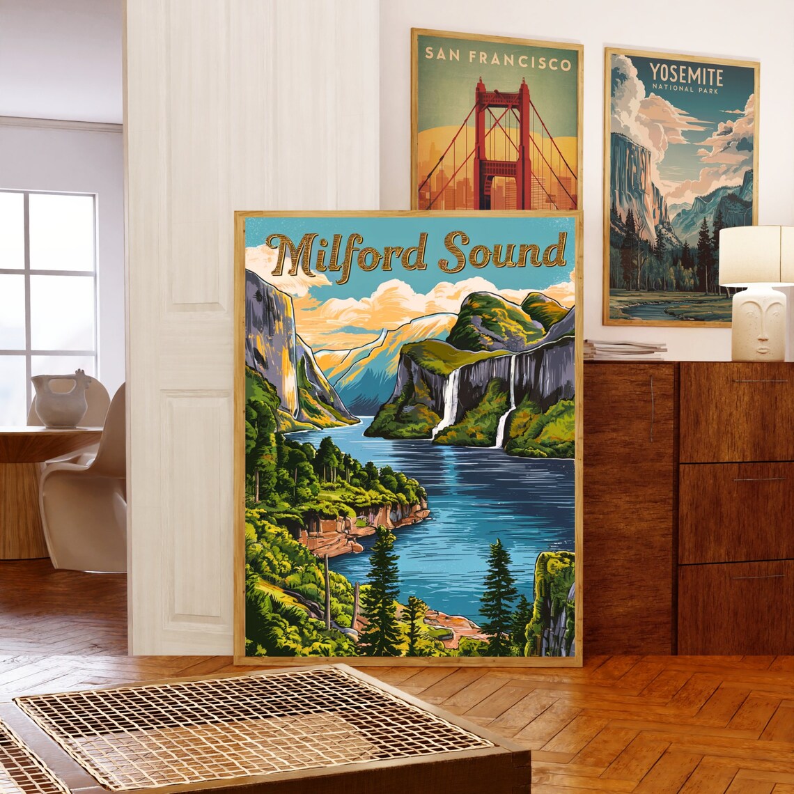 Milford Sound New Zealand Fjord Waterfall Teal Vintage Travel Poster - Image 5