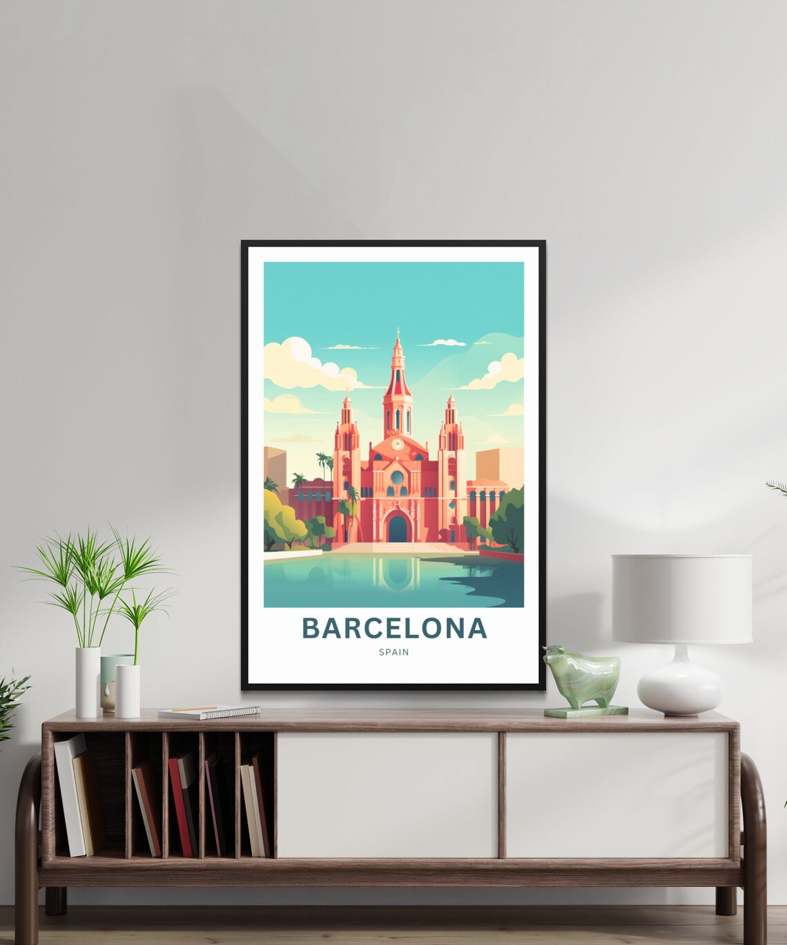 Barcelona Spain Historic Church Waterfront Reflection Travel Poster - Image 2