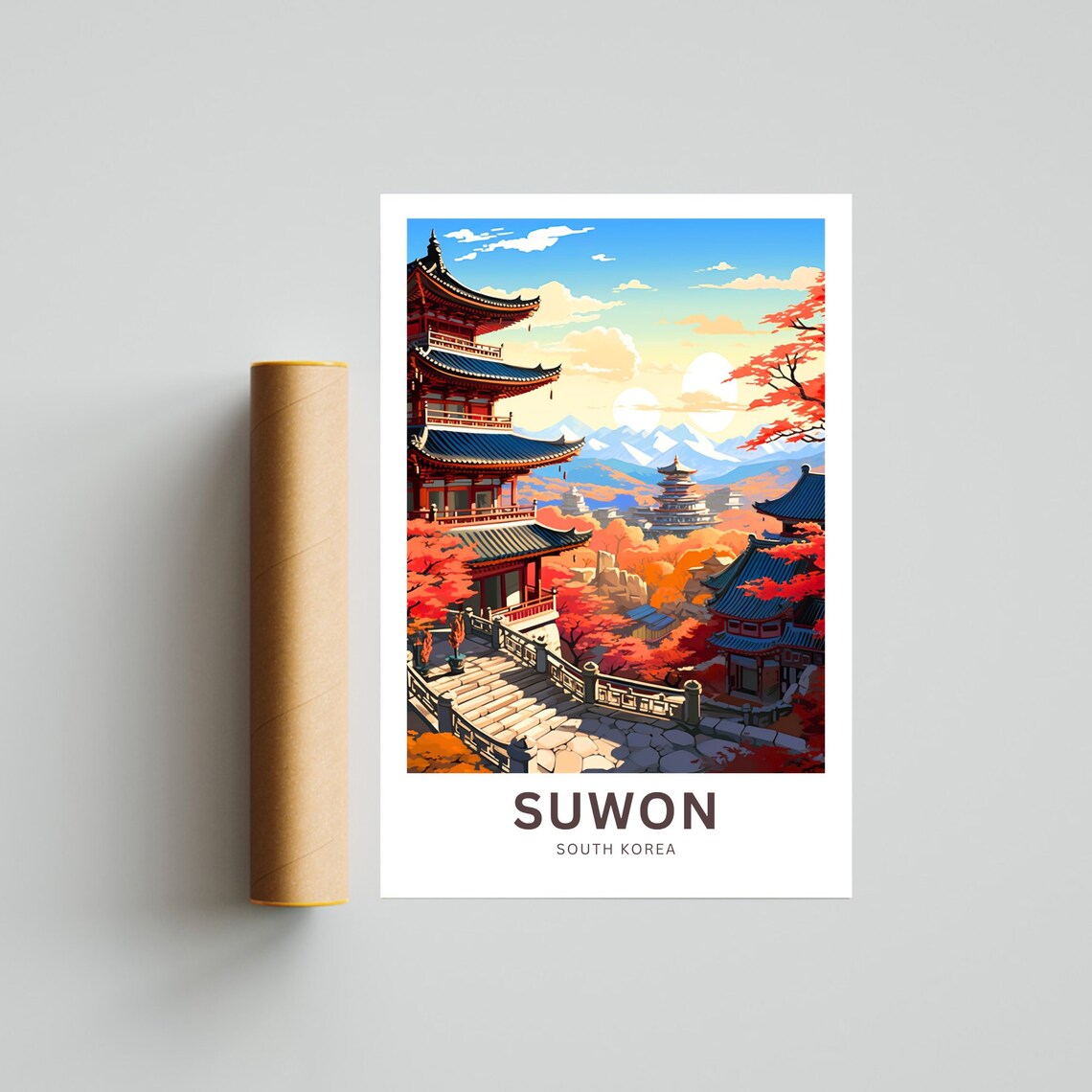 Suwon South Korea Autumn Maple Temple Pagoda Sunset Travel Poster - Image 4