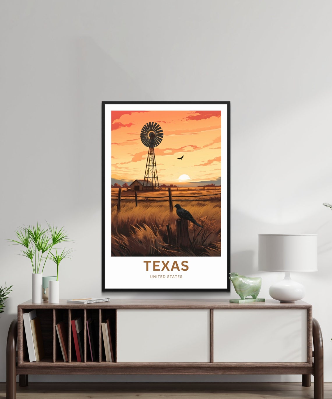 Texas Windmill Sunset Birds Fence Personalized Custom Text Poster - Image 2