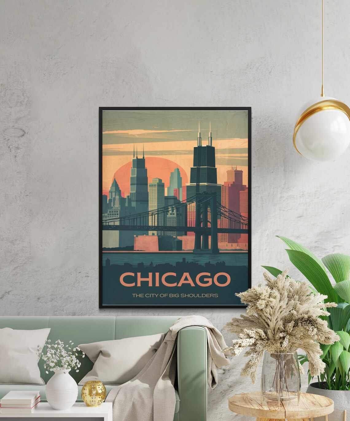 Chicago Vintage Travel Poster City of Big Shoulders Skyline Sunset - Image 2