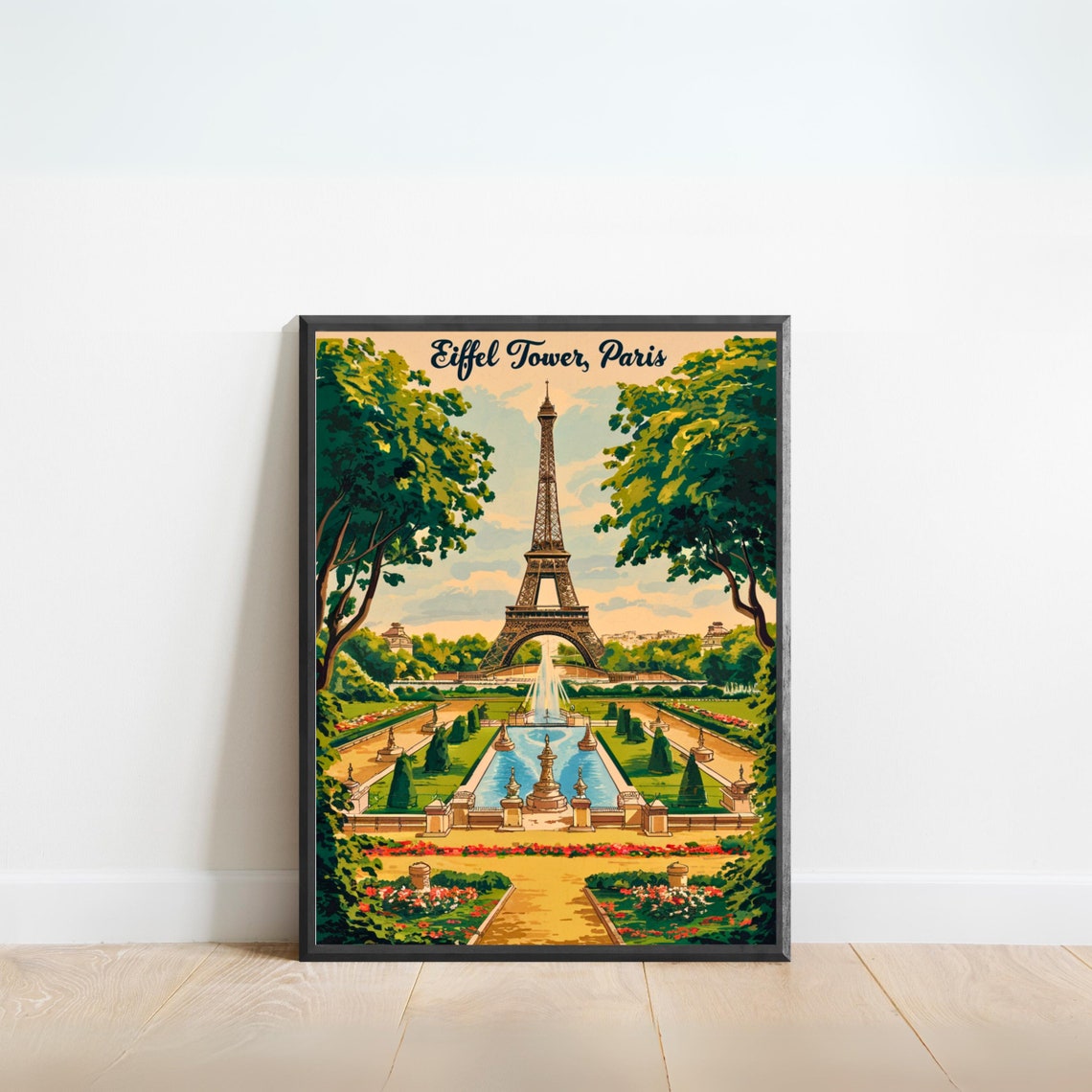 Eiffel Tower Paris Vintage Formal Gardens Retro Travel Poster