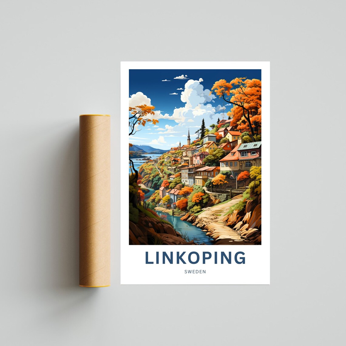Linkoping Sweden Autumn Village Hillside Colorful Travel Poster - Image 4