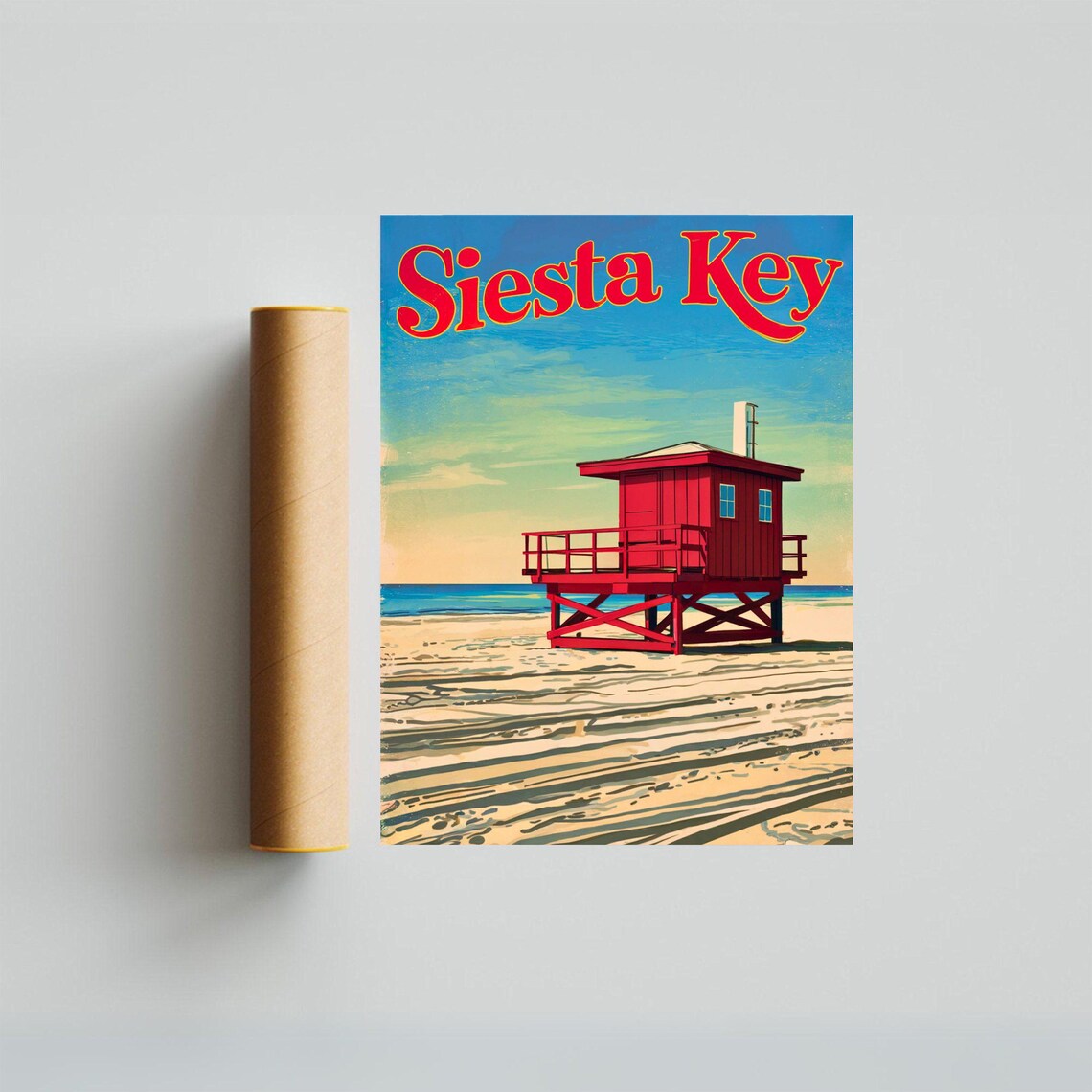 Siesta Key Florida Red Lifeguard Stand Beach Vintage Travel Poster - Image 2