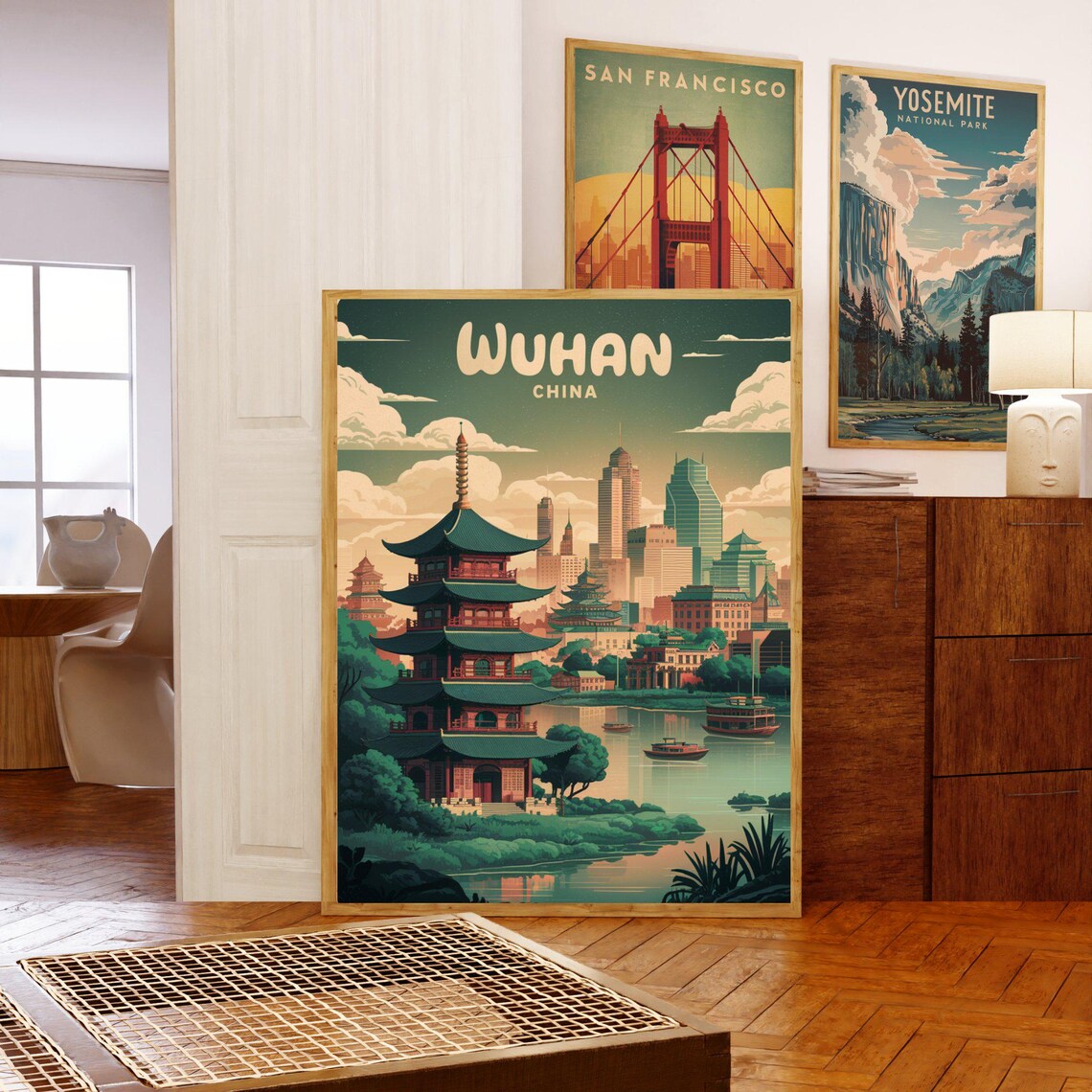 Wuhan China Retro Pagoda Skyline River Boats Vintage Art Poster - Image 5
