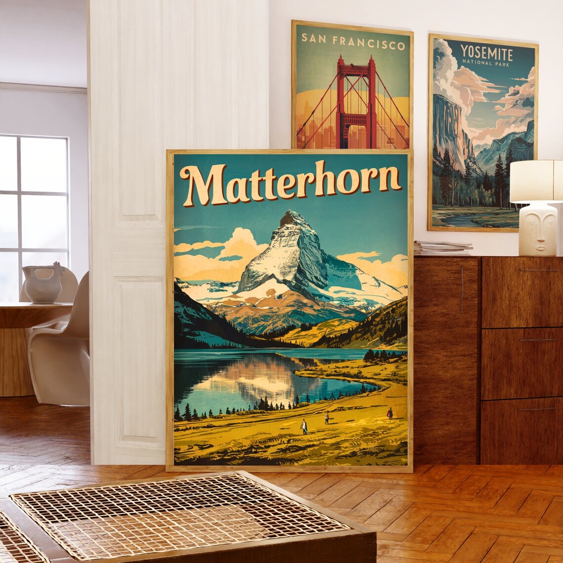 Matterhorn Golden Meadow Lake Reflection Alpine Hikers Vintage Poster - Image 5