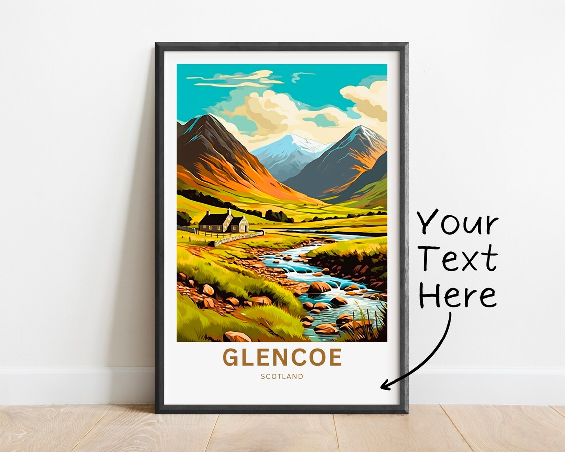Glencoe Scotland Valley Cottage River Personalizable Travel Poster