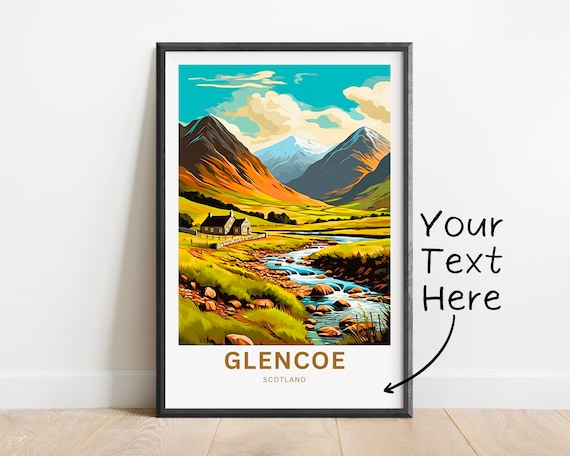 Glencoe Scotland Valley Cottage River Personalizable Travel Poster