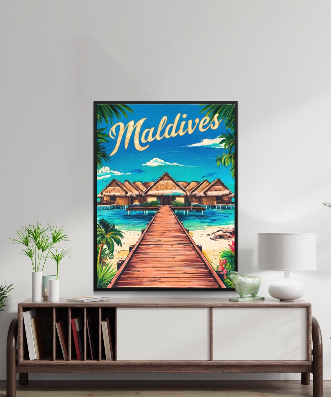 Maldives Overwater Bungalows and Wooden Jetty Retro Travel Poster - Image 3