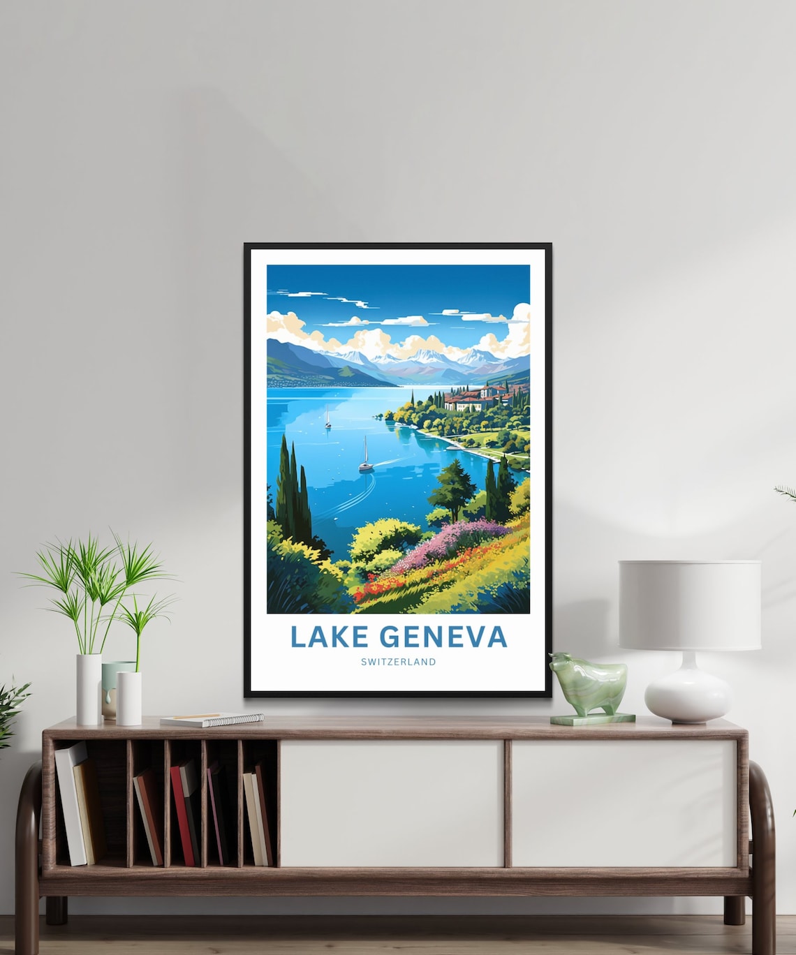 Personalized Lake Geneva Switzerland Sailboat Lake Travel Poster - Image 2