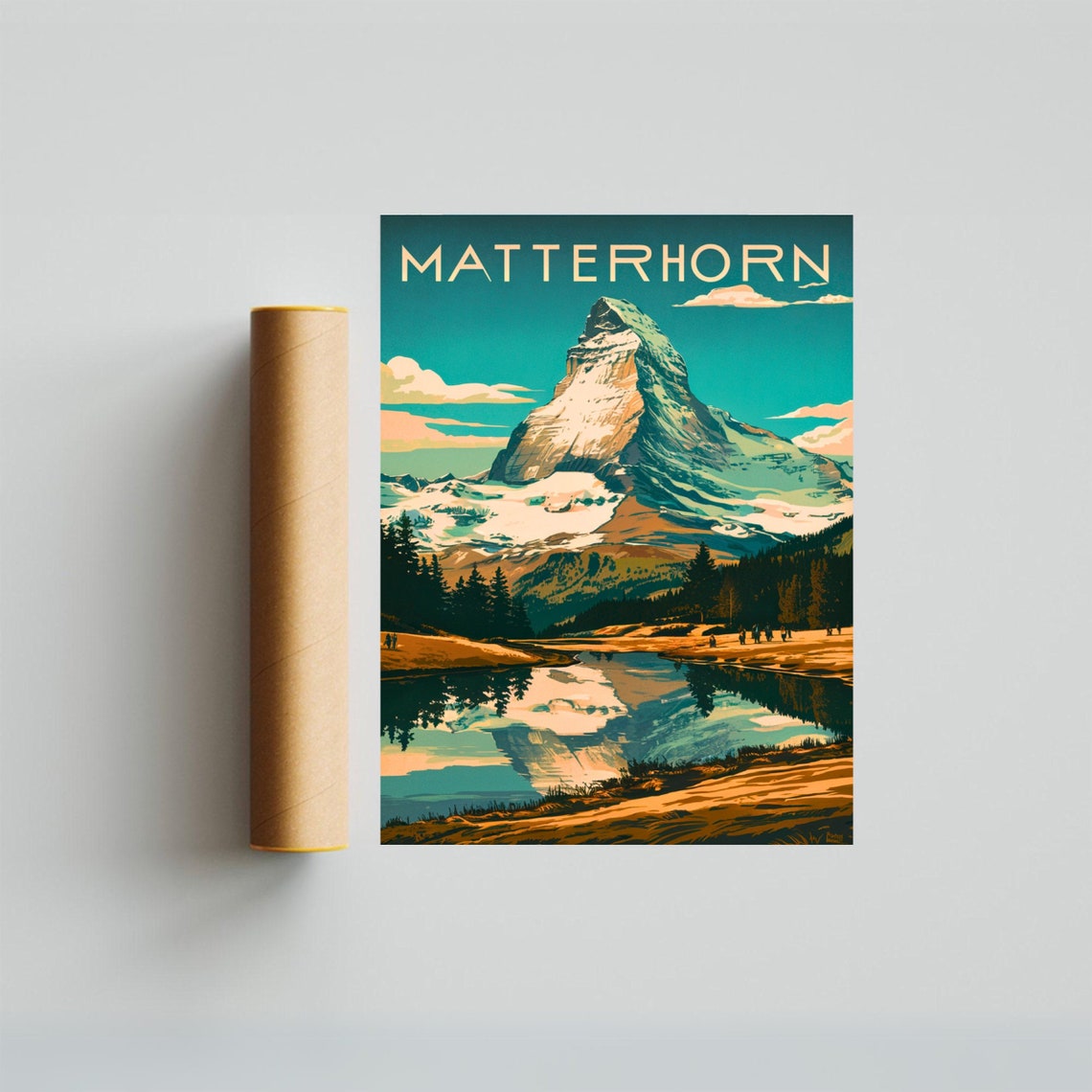 Matterhorn Swiss Alps Snow Peak Lake Reflection Hikers Vintage Poster - Image 3