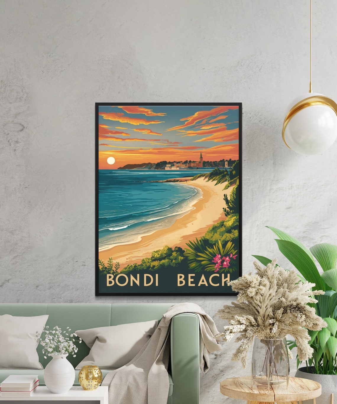 Bondi Beach Dramatic Orange Sunset Bay Rolling Waves Vintage Poster - Image 2