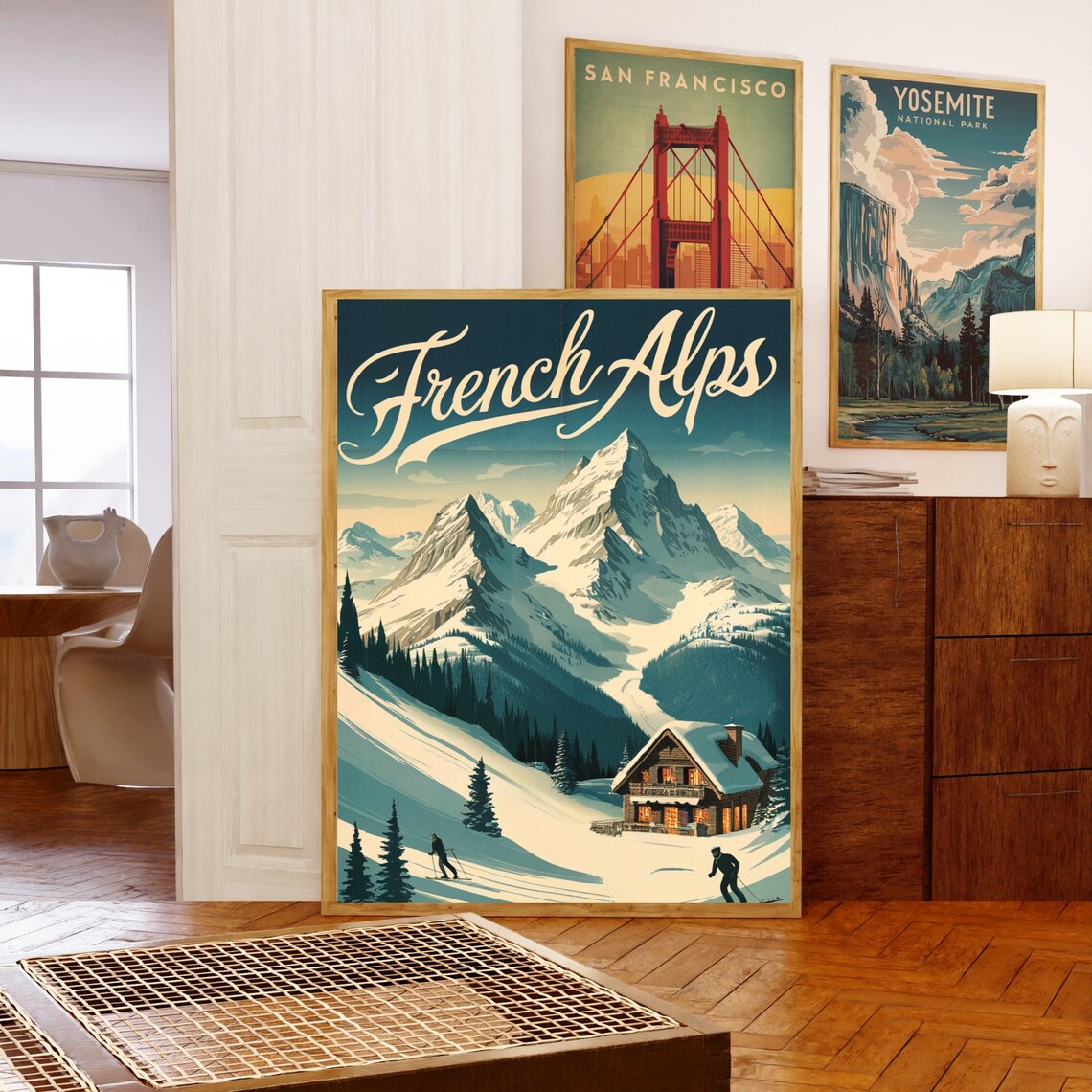 French Alps Vintage Travel Poster with Ski Chalet and Snowcapped Peaks - Image 5