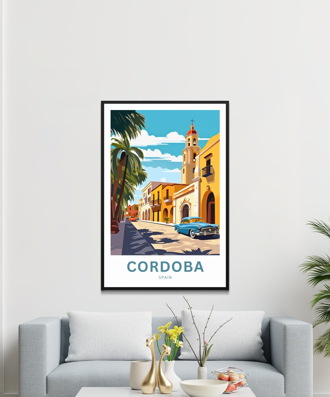 Cordoba Spain Church Street Blue Classic Car Custom Travel Poster - Image 3