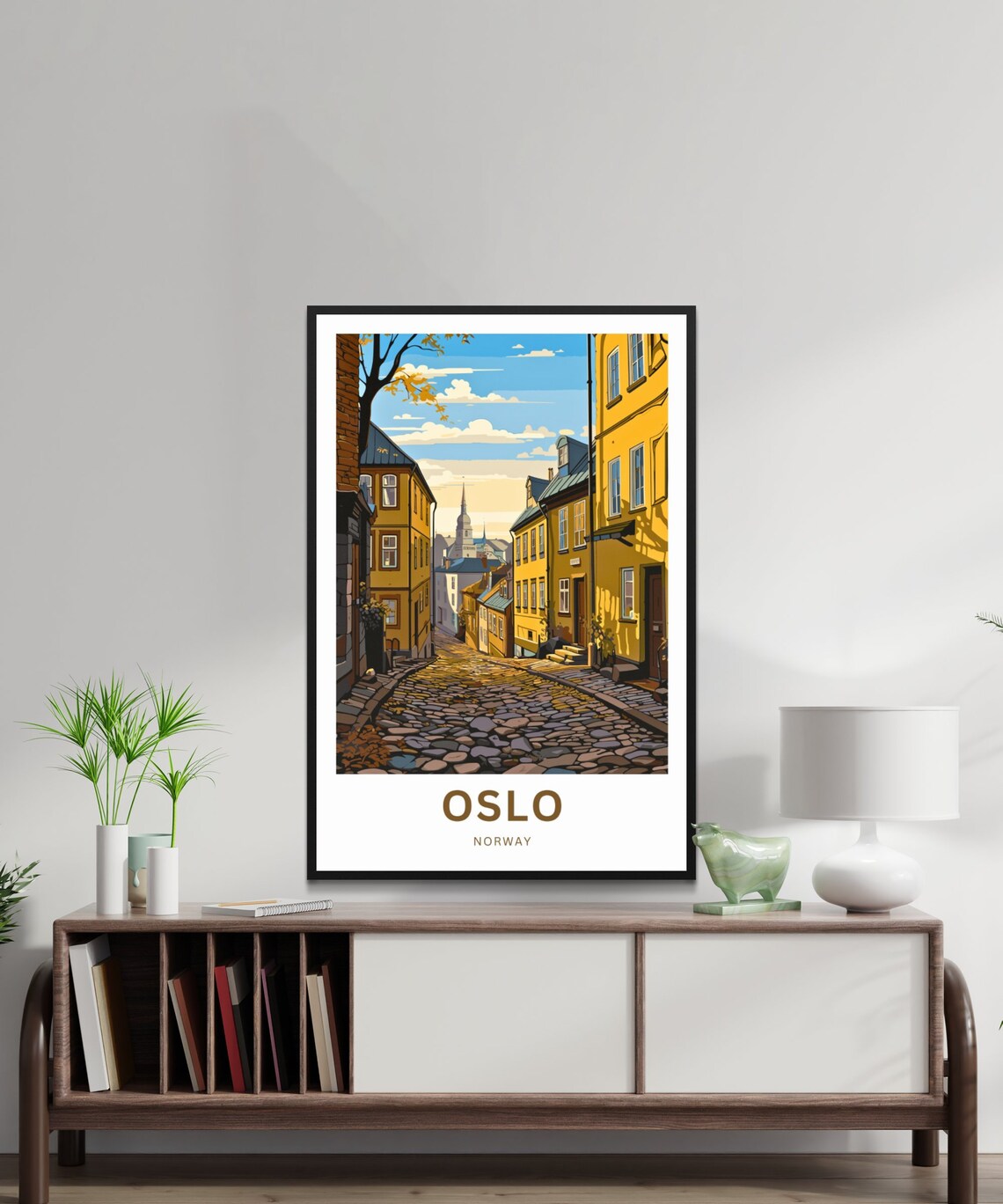 Oslo Norway Yellow Old Town Street Church Spire Travel Poster - Image 2