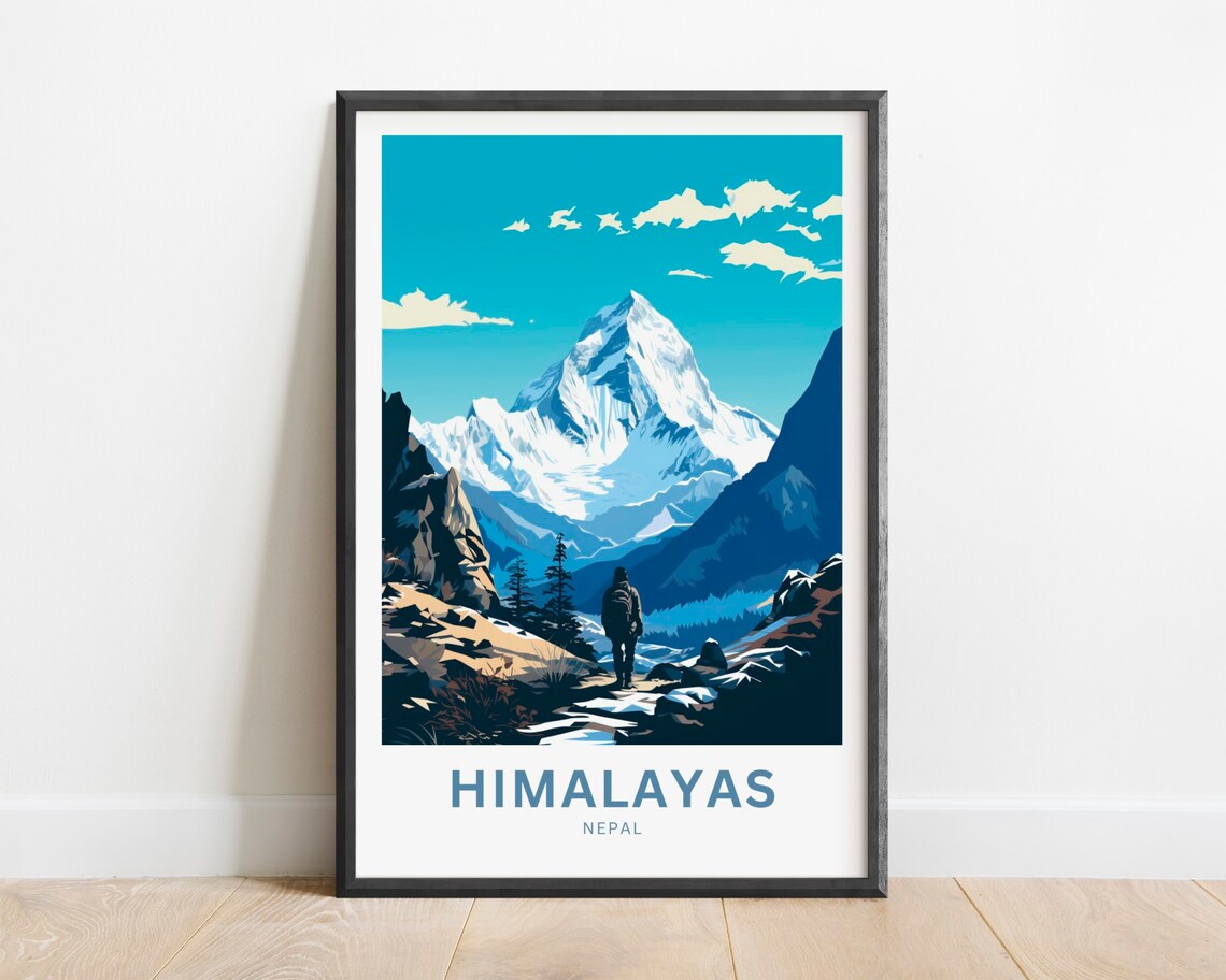 Himalayas Nepal Snowy Mountain Peak Hiker Adventure Travel Poster