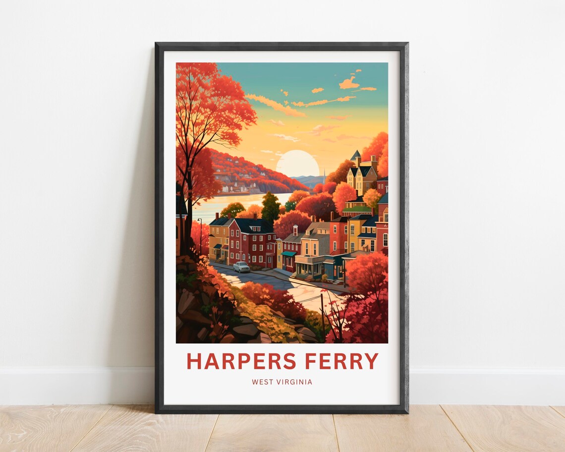 Harpers Ferry Sunset Hillside Houses River Town View Travel Poster