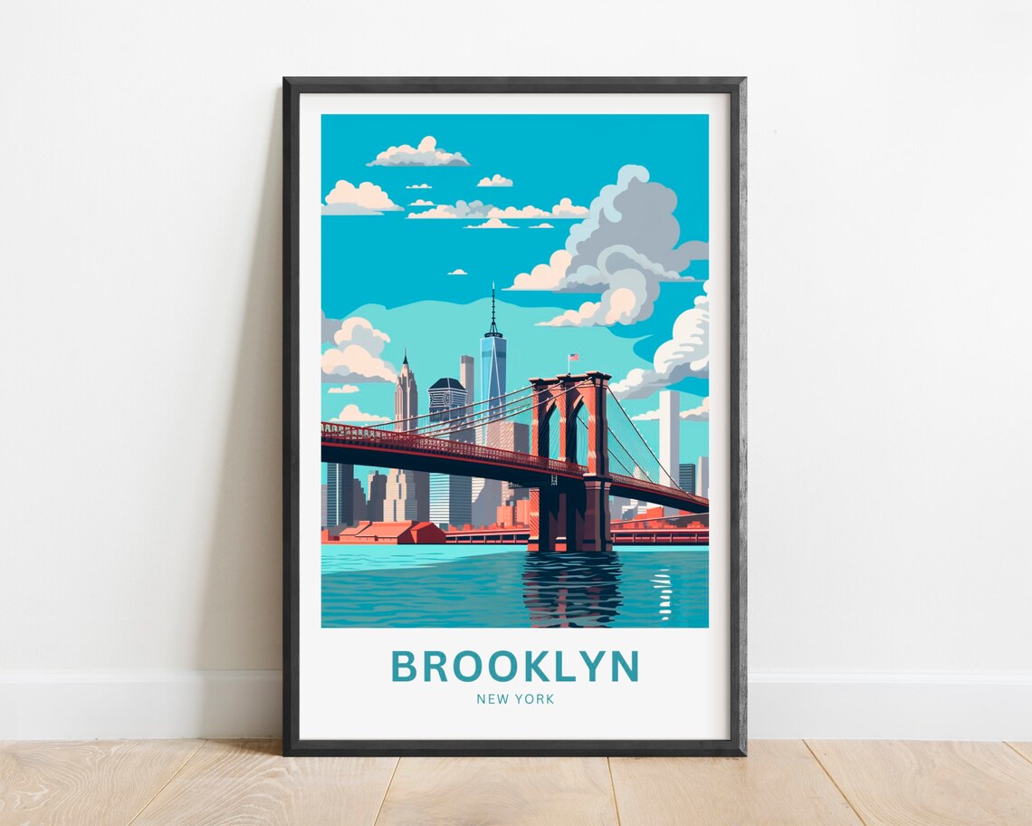 Brooklyn New York Bridge Manhattan Vintage Skyline Travel Poster