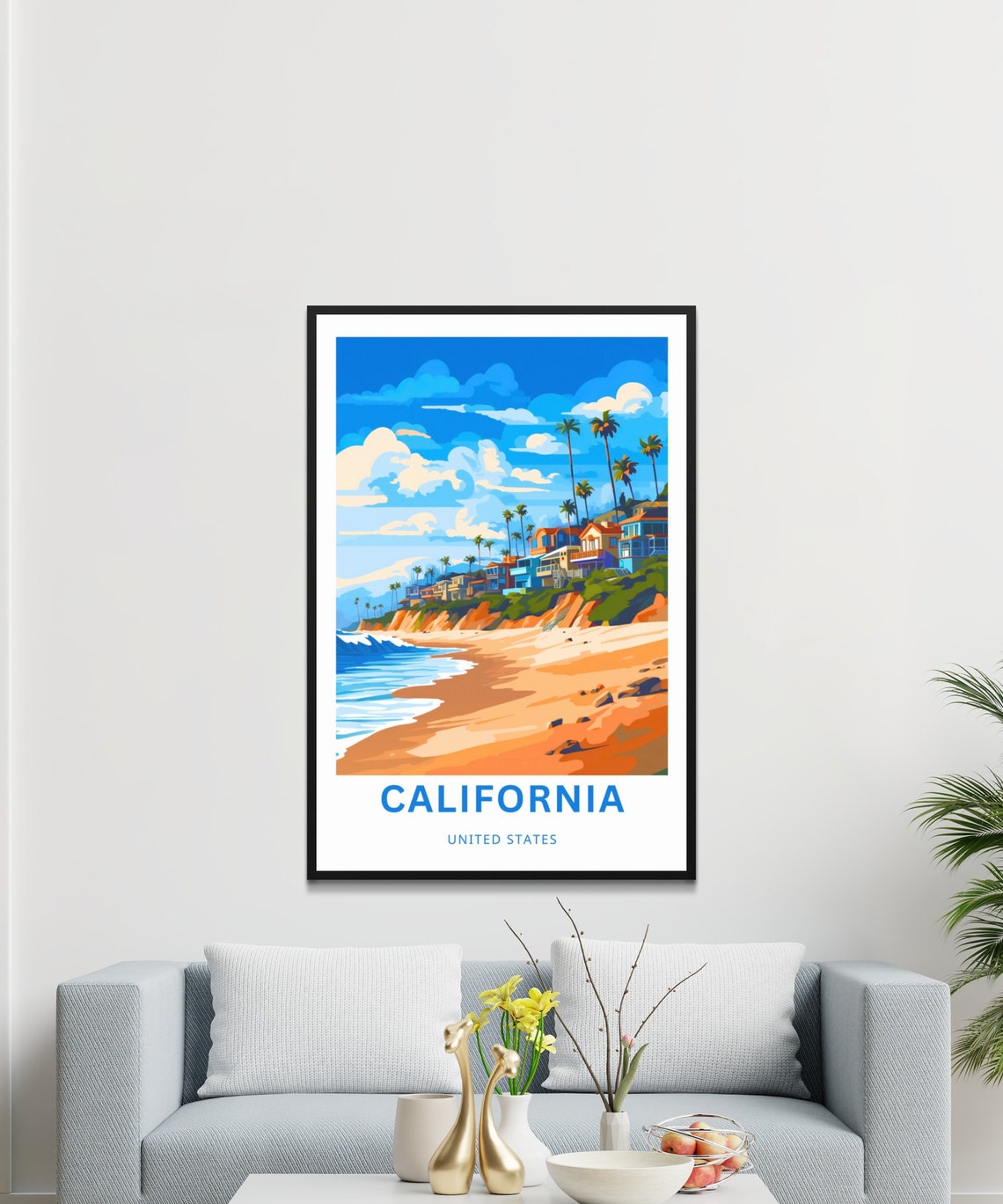 California United States Beach Cliffs Palm Trees Ocean Poster - Image 3