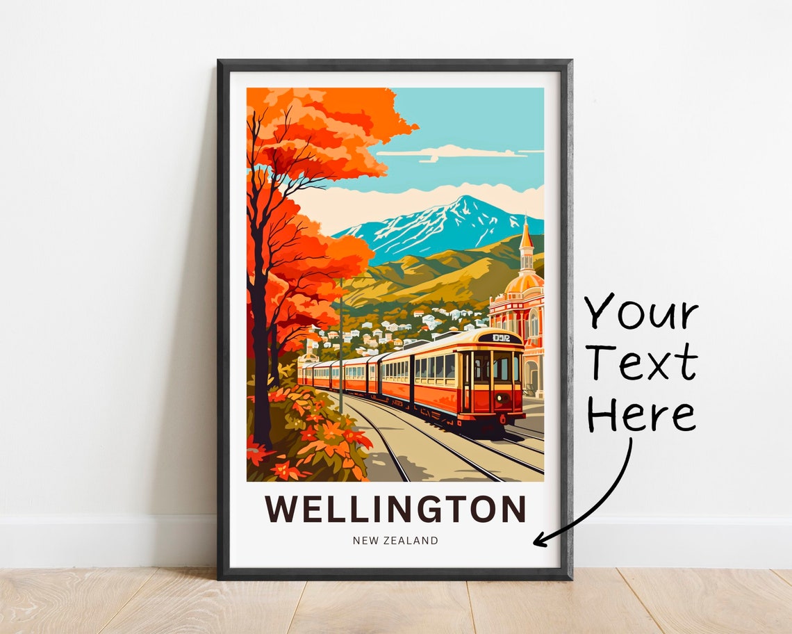Wellington New Zealand Vintage Tram Autumn Trees Mountain Poster