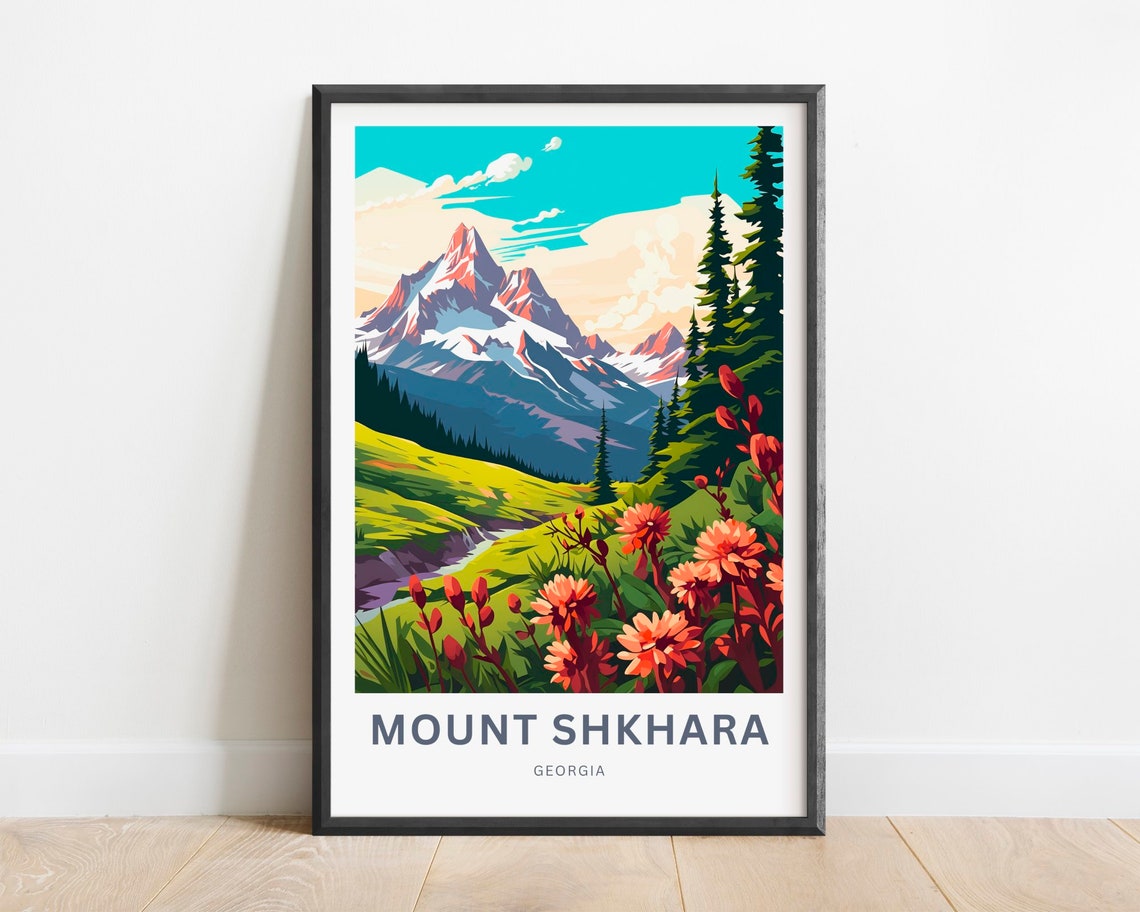 Mount Shkhara Georgia Alpine Wildflower Meadow Travel Poster