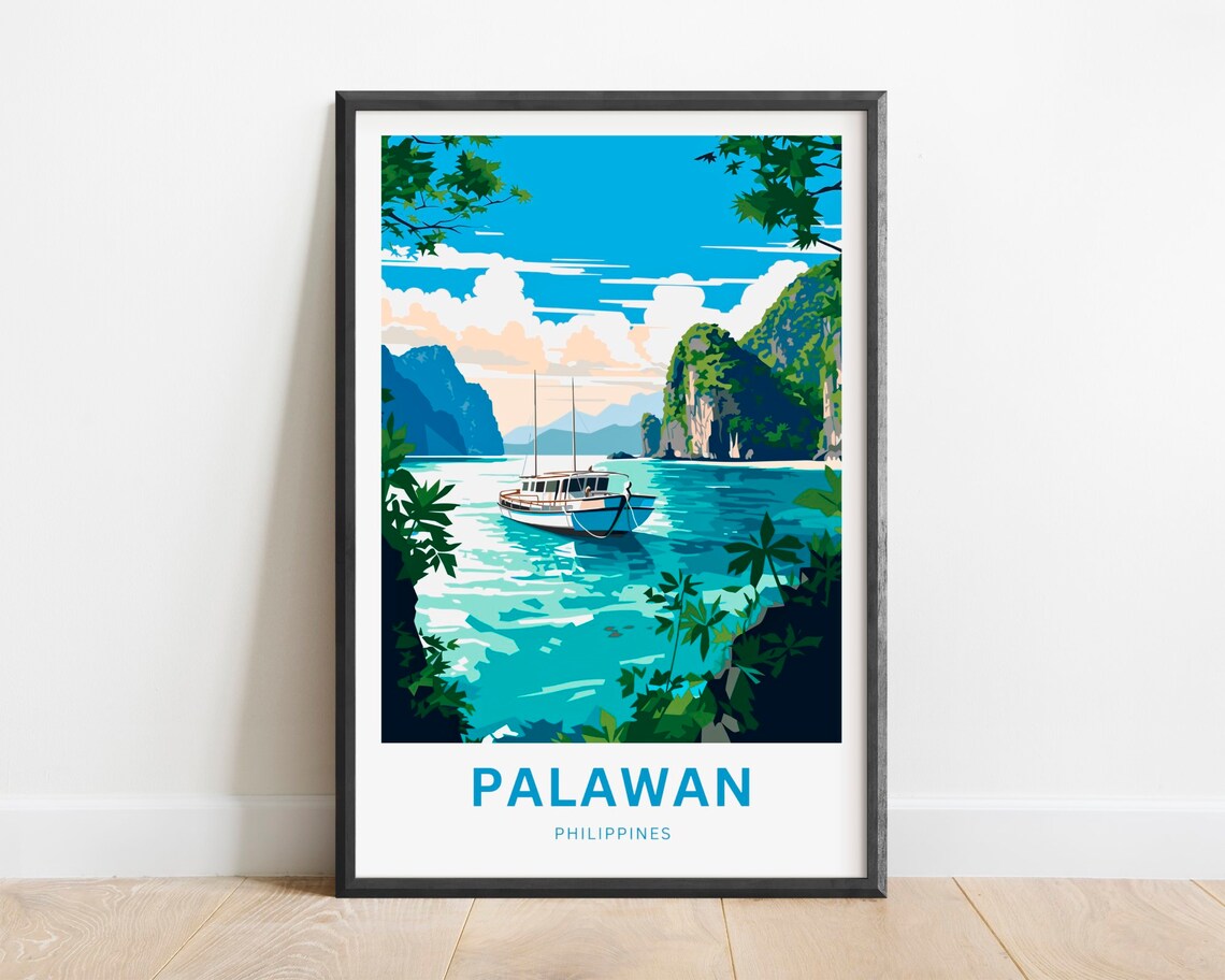 Palawan Philippines Travel Poster Boat Anchored Turquoise Lagoon Art