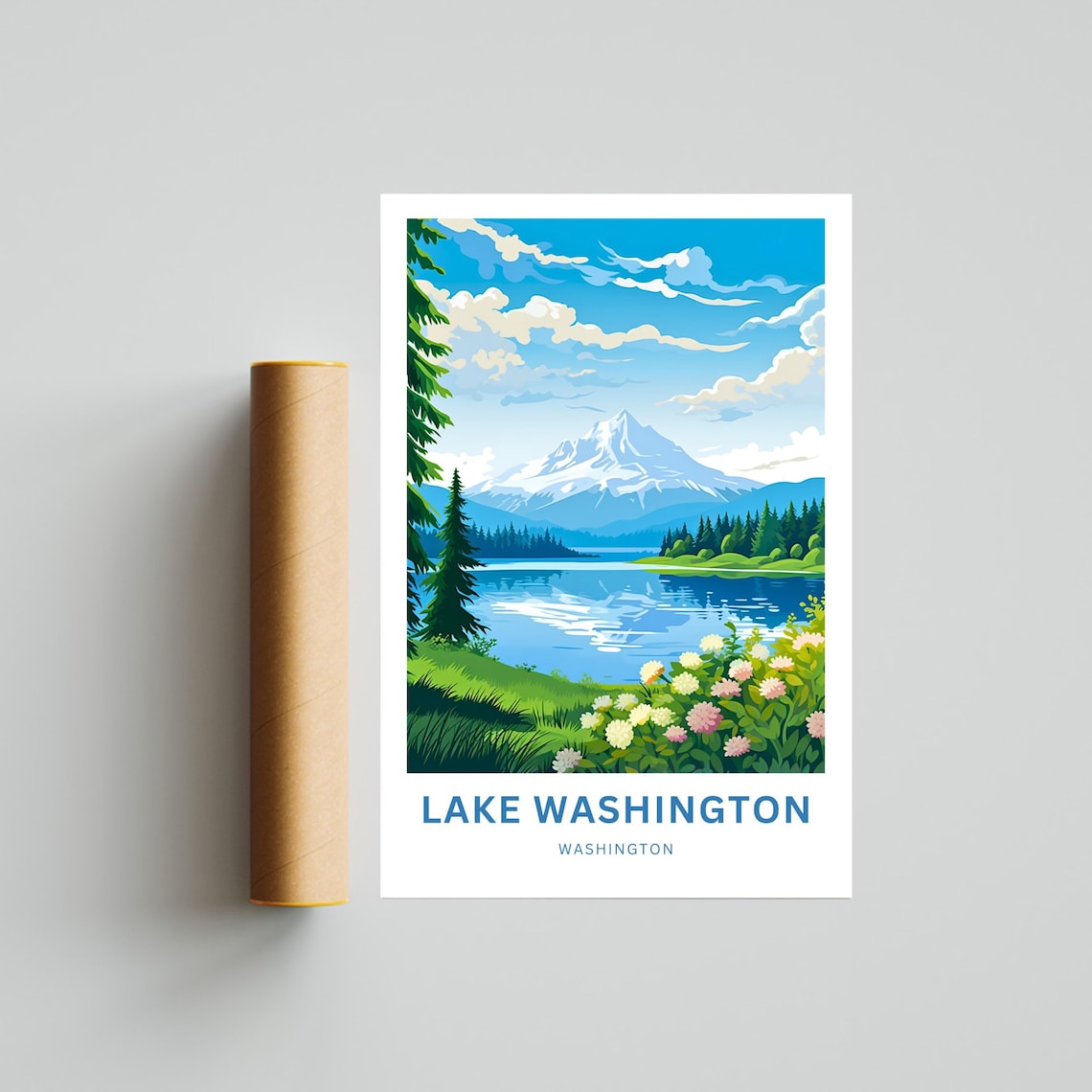 Lake Washington Snowcapped Peak Wildflower Lake Scene Poster - Image 4