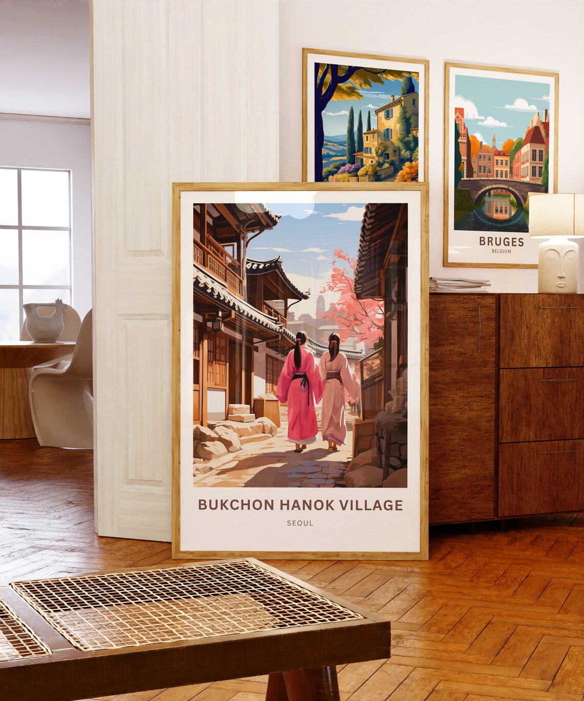 Personalized Bukchon Hanok Village Seoul Hanbok Walk Scene Poster - Image 5
