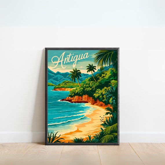 Antigua Vintage Travel Poster Antigua Print Caribbean Wall Art Framed Gift Caribbean Antigua Barbuda Present
