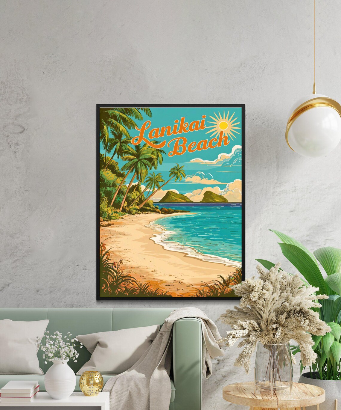 Lanikai Beach Oahu Palms Sunshine Tropical Vintage Travel Poster - Image 3