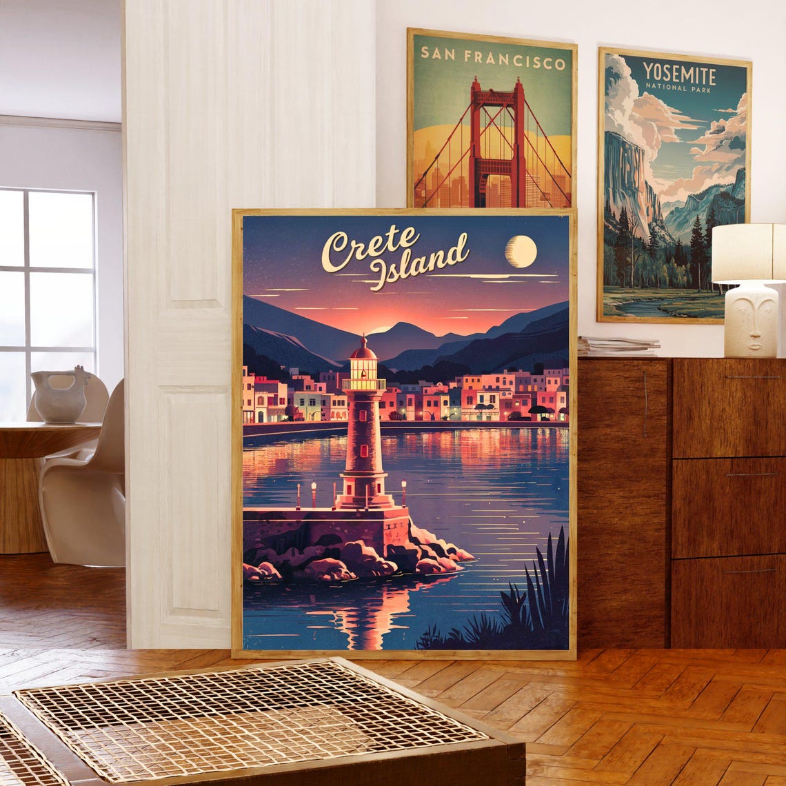 Crete Island Greece Moonlit Harbor Lighthouse Night Dreamy Poster - Image 5
