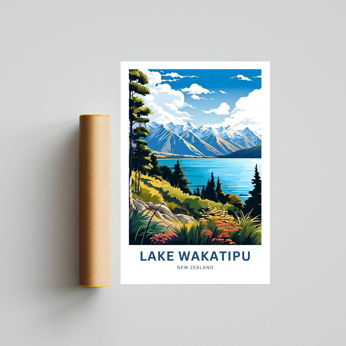 Lake Wakatipu New Zealand Pink Wildflower Hillside View Poster - Image 4