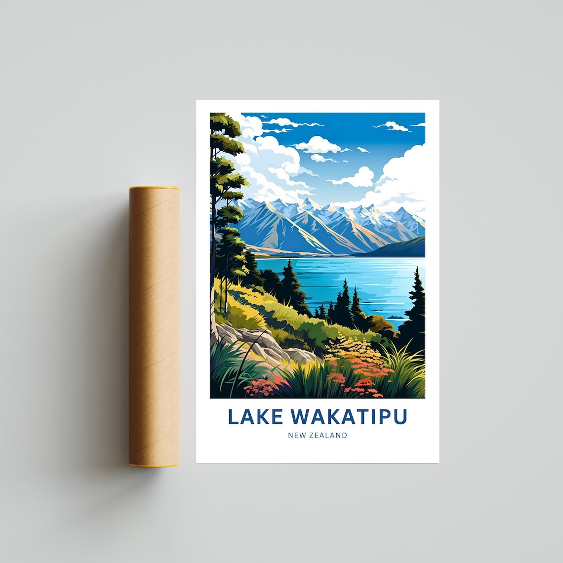 Lake Wakatipu New Zealand Rocky Shore Wildflowers Scene Poster - Image 4