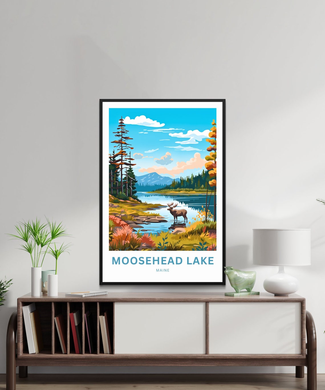 Moosehead Lake Maine Moose Wading Autumn Lakeshore Travel Poster - Image 2