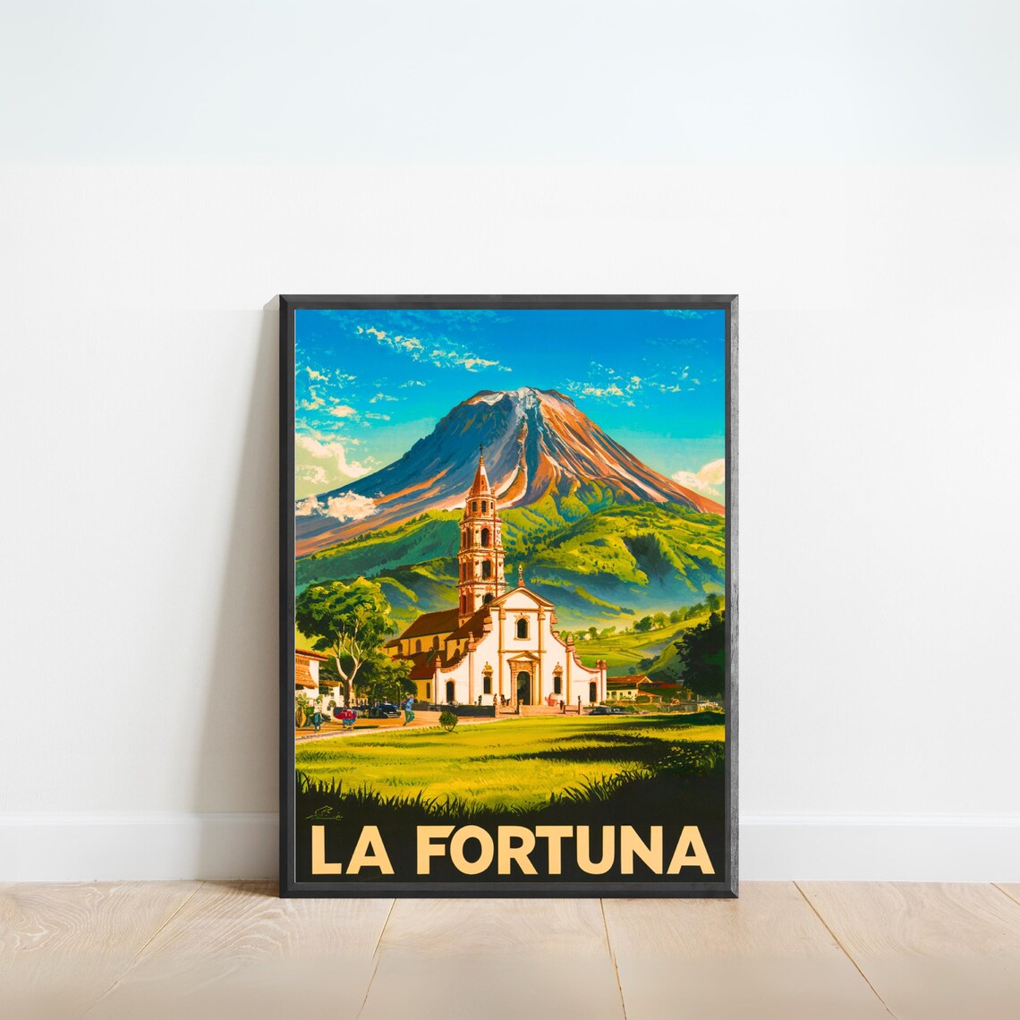 La Fortuna Costa Rica Church and Volcano Vintage Travel Art Poster