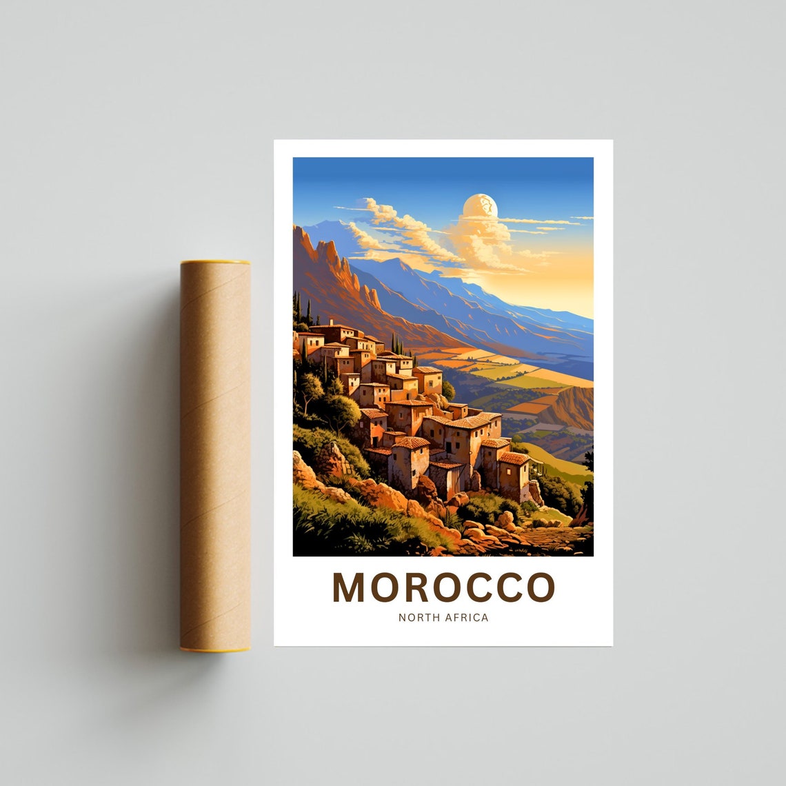Morocco Atlas Mountains Full Moon Village Sunset Travel Poster - Image 4