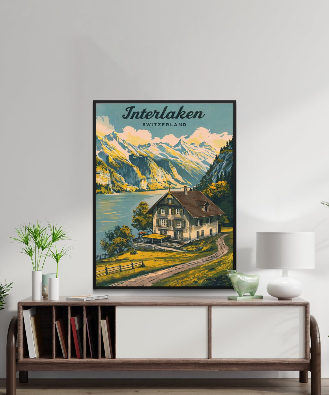 Interlaken Switzerland Lakeside Chalet Vintage Alpine Travel Poster - Image 2